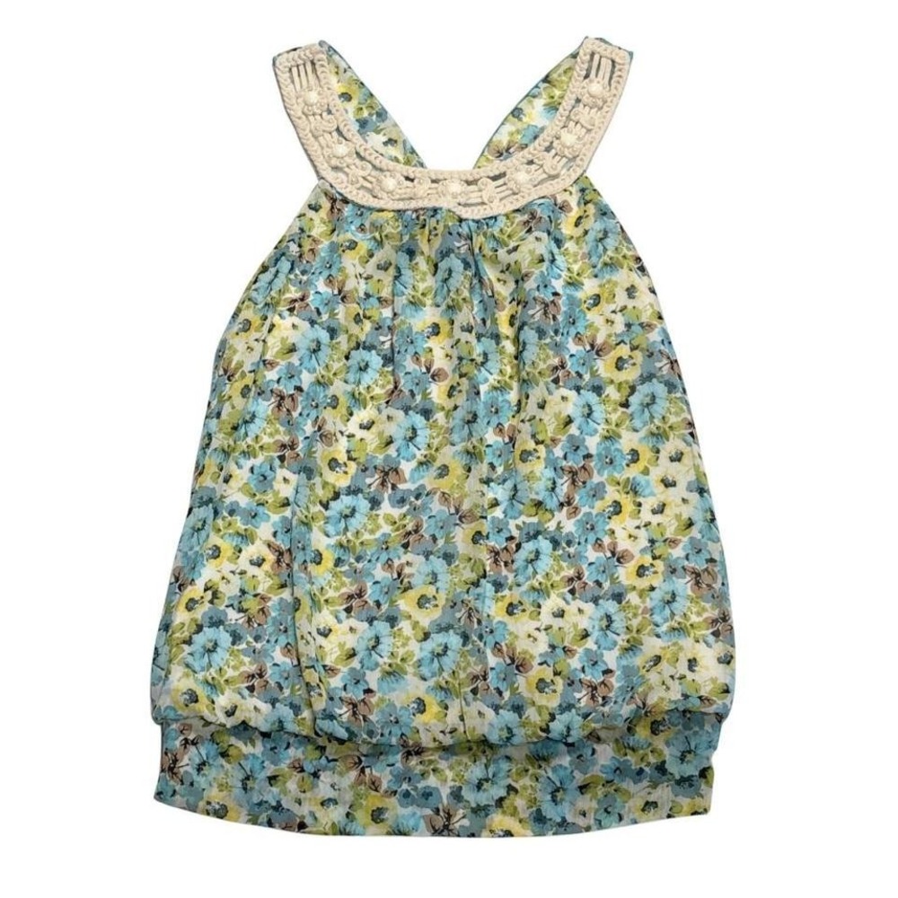 Y2K Iz Byer women's bubble hem floral beaded boho chiffon tank top smocked hem